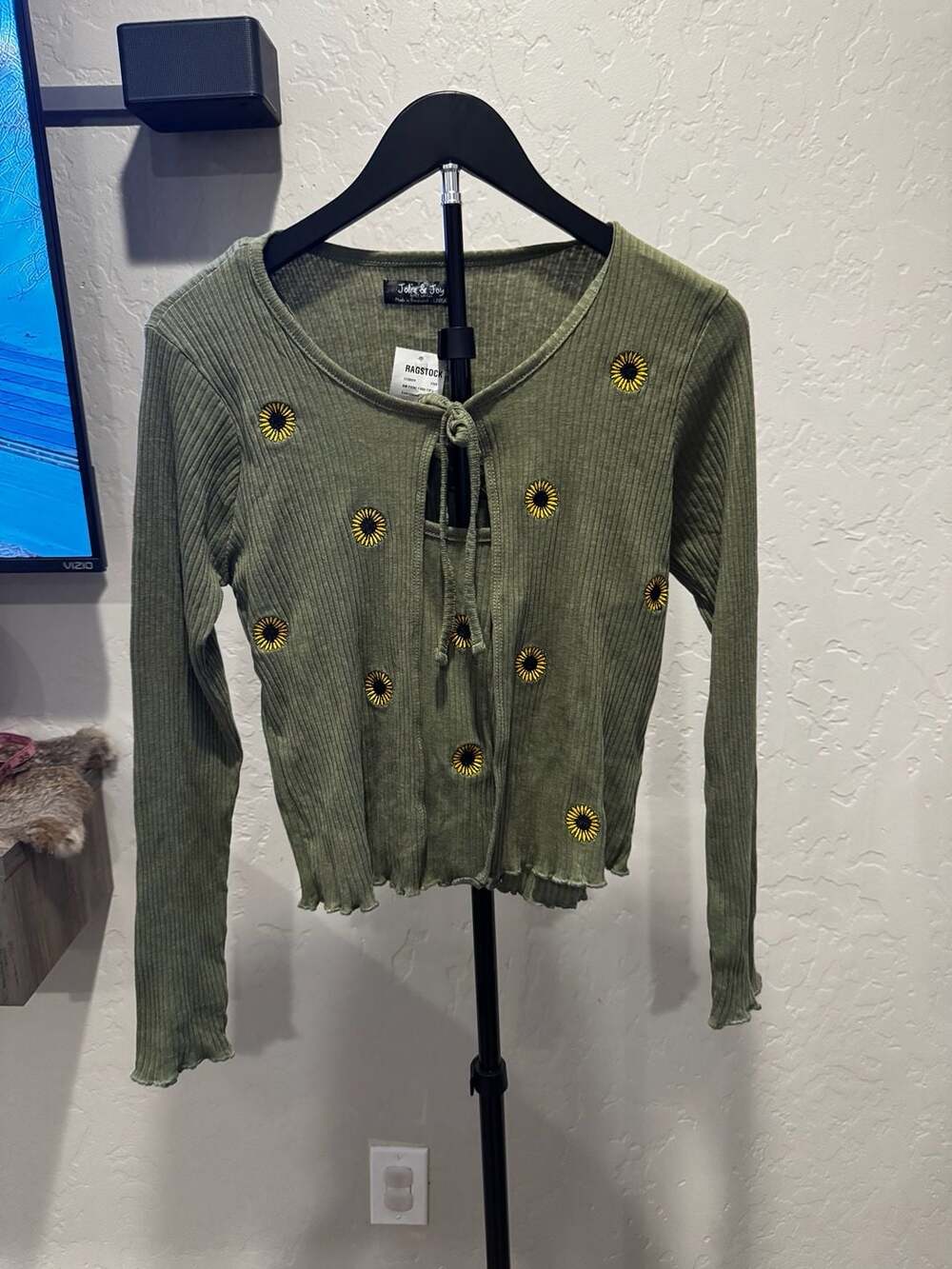 Jolie & Joy Embroidered Sunflower Ribbed Crop Cardigan and Tank Top Set